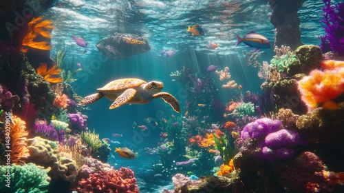 Fototapeta Naklejka Na Ścianę i Meble -  Vibrant coral reef teeming with tropical fish and a sea turtle.