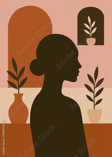 flat art woman silhouette with boho details. decoration and background. plants, vases geometric shapes, neutral colors pink brown beige