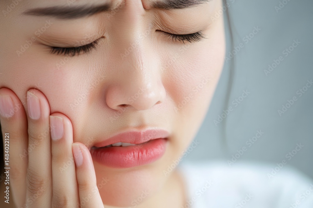 Fototapeta premium Close up of asian woman with eyes closed holding her cheek in pain with a worried expression on her face