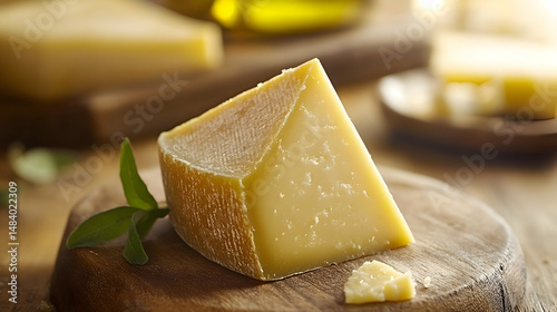 Queso Manchego, Manchego Cheese aged Manchego cheese wedge on wooden board, textured rind visible, warm soft lighting
