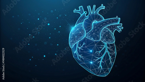 Human heart wireframe. World heart day concept. Banner template glowing low poly. Futuristic modern abstract. Isolated on dark background. Vector illustration.