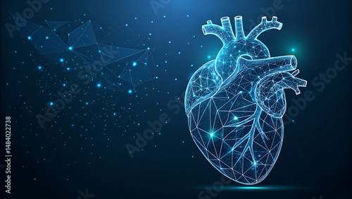 Human heart wireframe. World heart day concept. Banner template glowing low poly. Futuristic modern abstract. Isolated on dark background. Vector illustration.