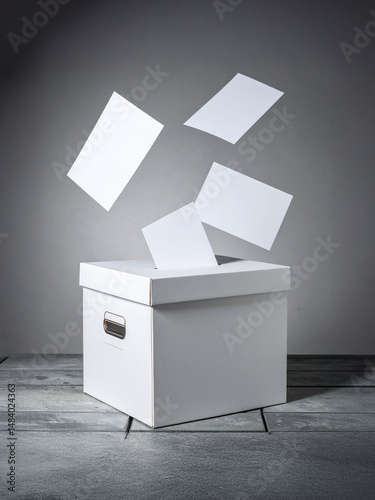 Broken ballot box with voting papers flying in the wind, set against a gray urban background. Symbolic image of distrust, electoral chaos or democracy at risk.