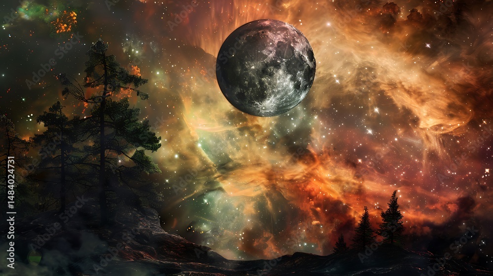 Obraz premium Pixelated Moon And Galaxy Landscape With Silhouette Trees In Night Sky