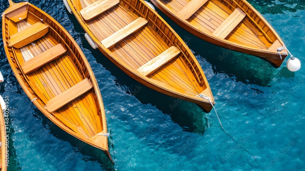 Obraz premium Wooden Rowboats on Calm Turquoise Water Summer Vacation Boats