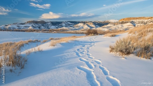 Wallpaper Mural Winter Wonderland: Footprints in the Snow Leading to a Majestic Mountain Range Torontodigital.ca
