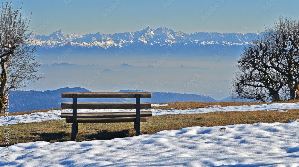 custom made wallpaper toronto digitalSerene alpine panorama with winter bench snowy foreground and towering alps in distant mountain range tranquil scene