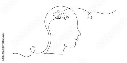 One continuous line drawing of head with puzzle. Mental health and mindfulness psychology concept in simple linear style. Memory concept in editable stroke. Contour vector illustration