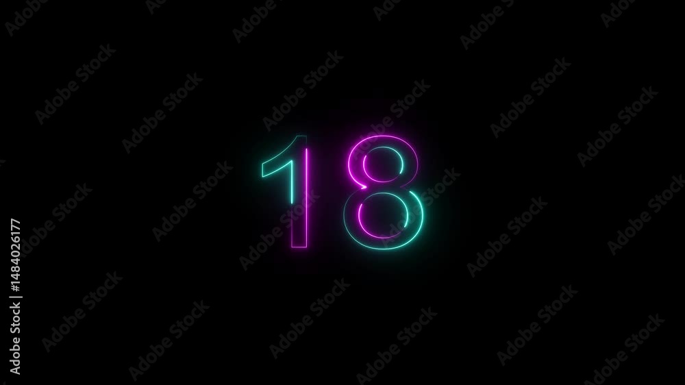 A dynamic glowing neon number 18 animation . on a black background. and creating a stunning video.4k video.	