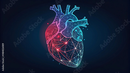 Human heart wireframe. World heart day concept. Banner template glowing low poly. Futuristic modern abstract. Isolated on dark background. Vector illustration.