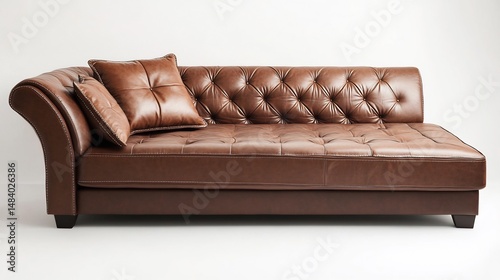 Cozy brown leather divan comfy cushions isolated on white background for a relaxing vibe