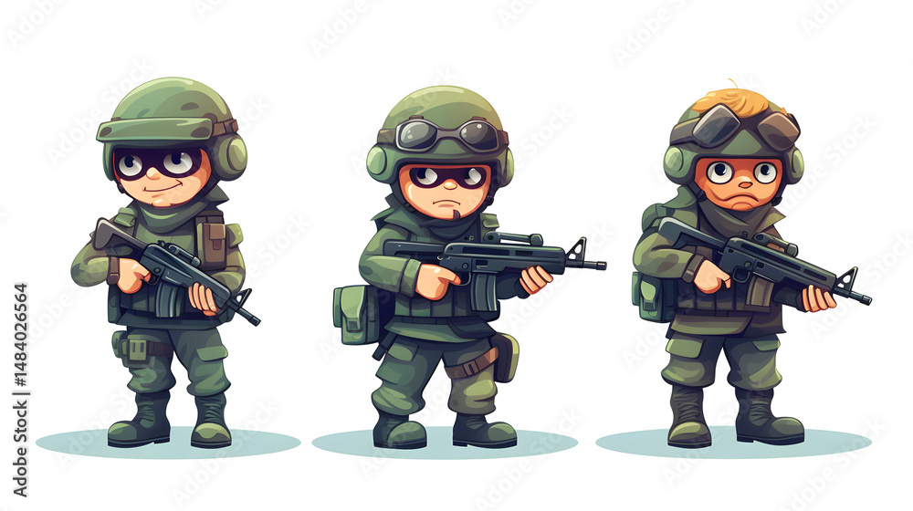Naklejka premium Cartoon Game Soldier Character Vector Illustration for Military-themed Games