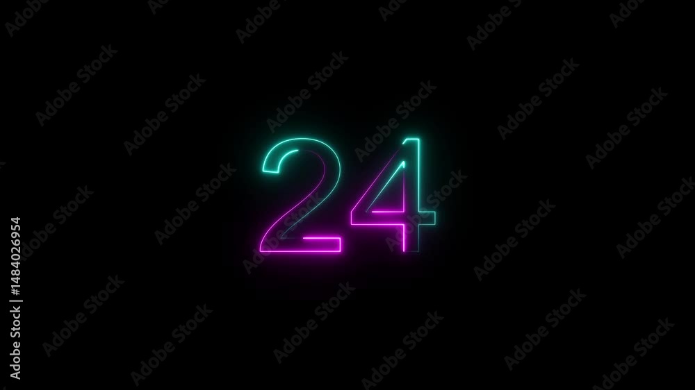 A dynamic glowing neon number 24 animation . on a black background. and creating a stunning video.4k video.	
