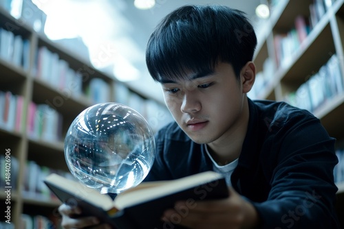 Young man reading a book with a glowing crystal ball floating above it in a library setting indoors