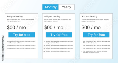 Subscription plans and pricing table with three options, Pricing Table Templates to Download, Vector Pricing Table Template Stock Illustration