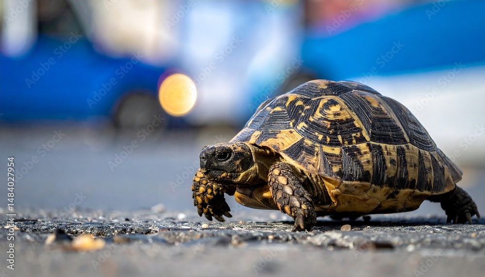 Obraz premium Tortoise crossing road with vehicle in background.