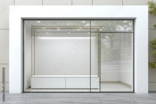 Realistic storefront mockup, local shop store glass window, small business commercial branding showcase