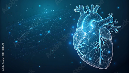 Human heart wireframe. World heart day concept. Banner template glowing low poly. Futuristic modern abstract. Isolated on dark background. Vector illustration.