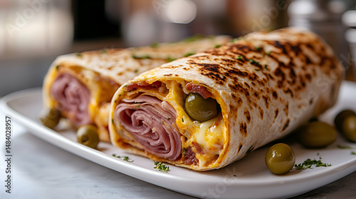 Rollito Iberico, Iberian Wrap with Iberian ham, cheese, and olives, placed on a simple white plate with a blurred modern kitchen background, creating a clean, fresh atmosphere photo