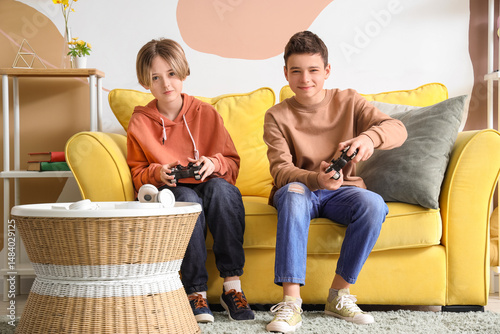 Happy brothers playing vide...