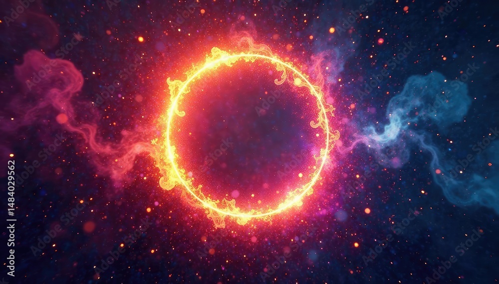 Obraz premium Abstract burst of light forming a circle, radiating energy outwards Bright, colorful, dynamic energy , wave, design