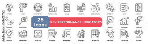 Key Performance Indicatorsicon icon collection set. Containing approval,Thumbs Up,agreememetrics,targets,measurement,performance,goals,analytics,productivity,efficiency,data icon. Simple line vector.