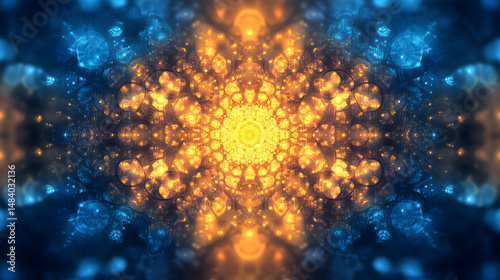 Intricate cosmic fractal arrangement with radiant golden tones and cool blues