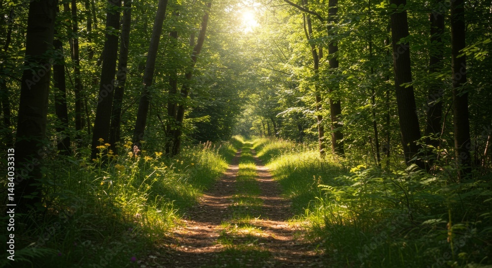 Fototapeta premium Sunlit Path Through Lush Green Forest
