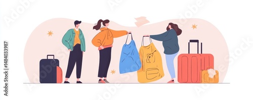 Three people with luggage and bags standing together in a group ready for travel or vacation