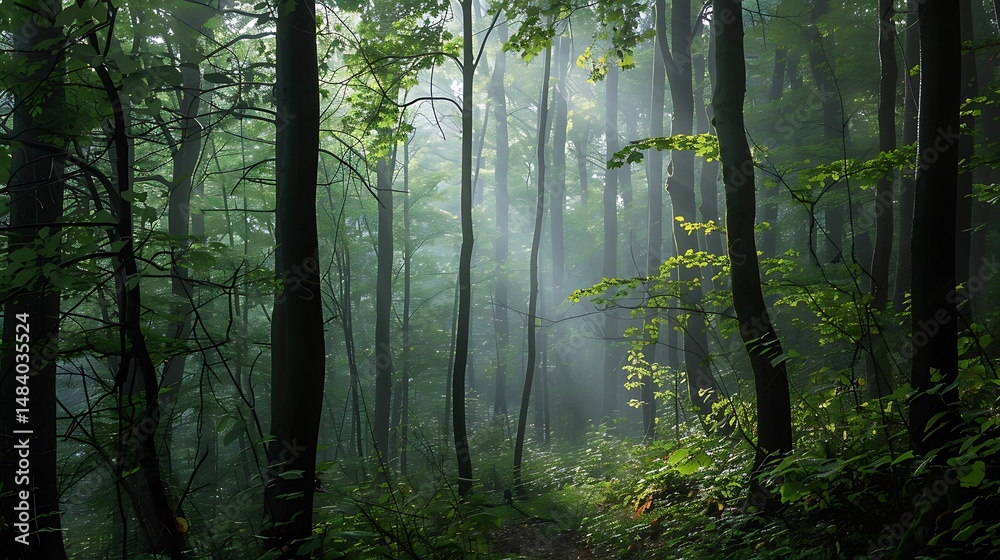 Fototapeta premium Sunlight Filtering Through Dense Green Forest Creating Atmospheric Scene