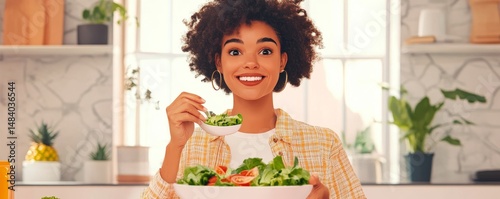 Woman with curly hair smiling and holding a bowl of salad in a bright and modern kitchen setting