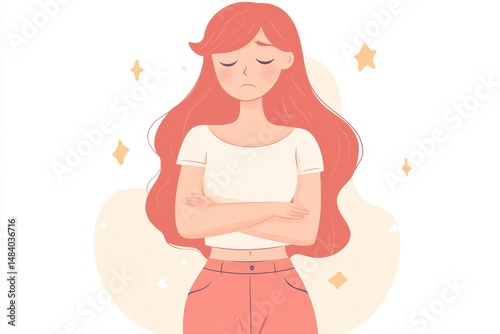 Illustration of a sad woman with long red hair and arms crossed wearing a white shirt and red pants