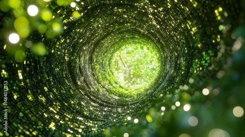 Lush green leaves form a swirling tunnel leading to bright light.