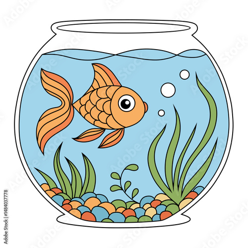 An illustration of a colorful goldfish in an aquarium with high detail. Perfect for educational designs, children's books, posters, and decorations.