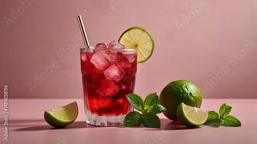 A vibrant hibiscus tea with ice, garnished with fresh lime slices and mint, placed on a soft pink background. Metal straws add a modern touch, evoking freshness.