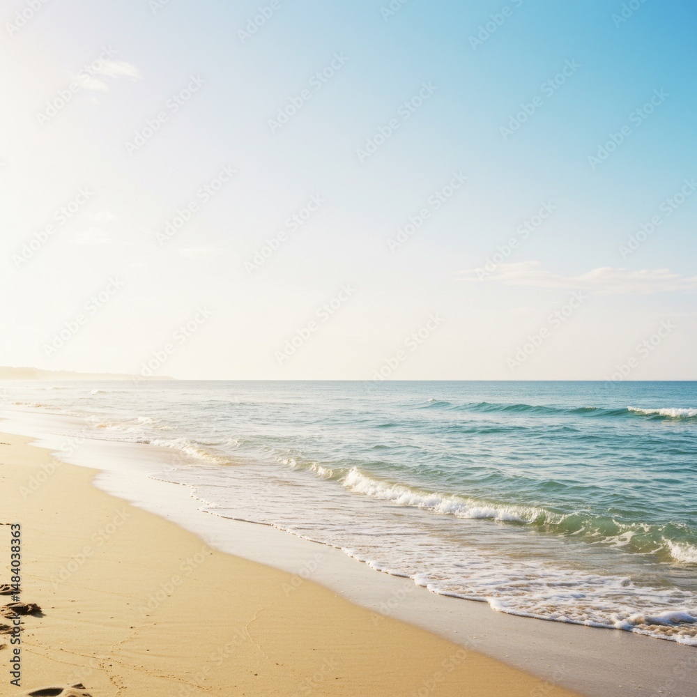Obraz premium Serene Beach Landscape: Golden Sand Meets Azure Ocean Under a Bright Sky