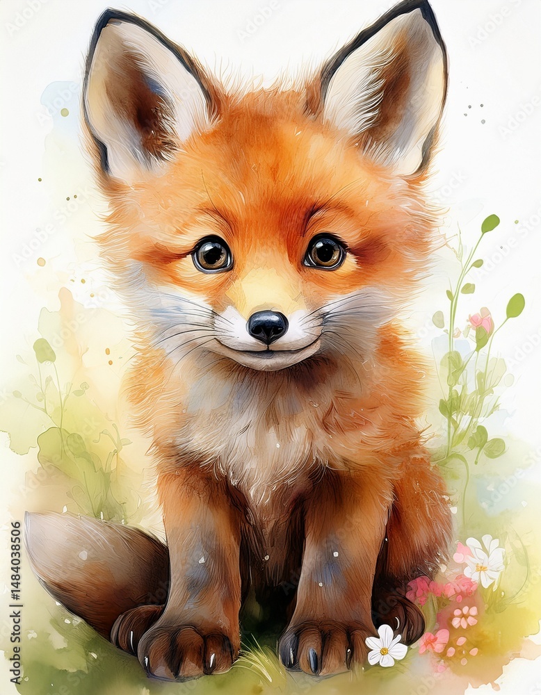 Fototapeta premium Niedlicher Baby-Fuchs in zarter Aquarellmalerei