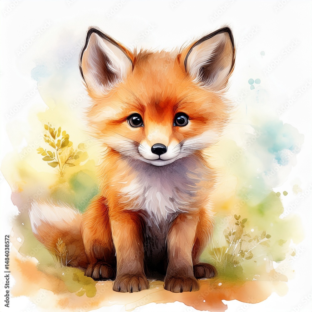 Fototapeta premium Niedlicher Baby-Fuchs in zarter Aquarellmalerei