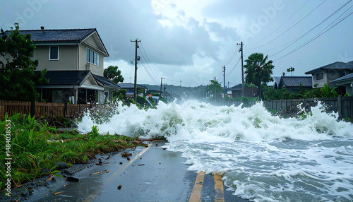 津波に襲われる沿岸の地域。波にのまれる道路や家。自然災害。大洪水。Coastal areas hit by tsunami. Roads and houses swept away by waves. Natural disaster. Heavy flood.