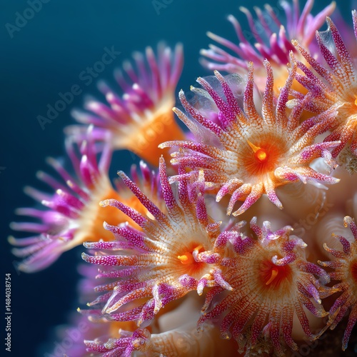 Vibrant coral polyps showcase nature's beauty underwater in vivid colors. photo