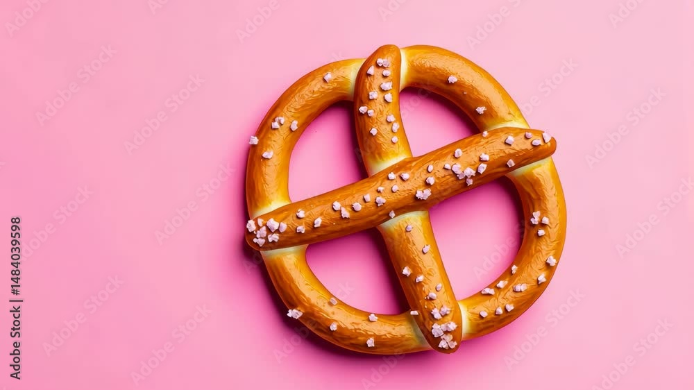 Pretzel on a pink background with salt sprinkles.