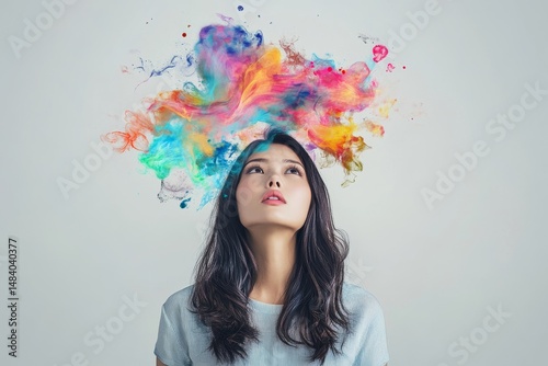 Woman looking up at colorful smoke cloud above her head against a white background in studio