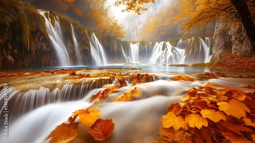 Autumn Waterfall Landscape,  Serene Cascading Water with Golden Leaves