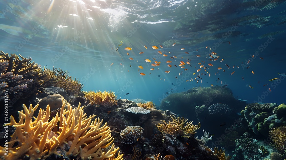 Naklejka premium Underwater Scene Of Coral Reefs And Schools Of Fish With Sunbeams