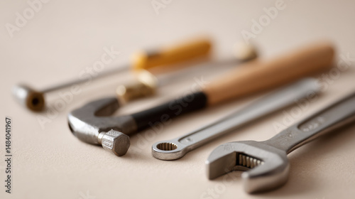collection of various construction tools arranged neatly on light background