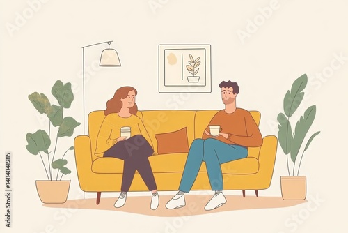 Illustration of a couple sitting on a yellow couch with plants and a picture on the wall