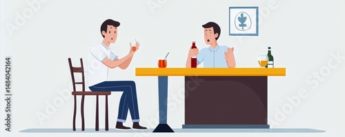 Two men sitting at a bar with drinks and a bottle of alcohol having a conversation together animated