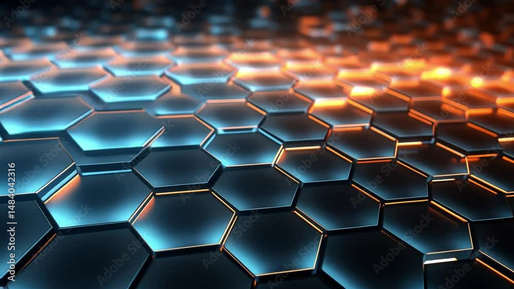 Hexagonal Matrix: An abstract representation of a sleek, futuristic hexagonal pattern transitions seamlessly between cool blues and warm oranges, creating an eye-catching visual. Hexagonal Matrix: An abstract representation of a sleek, futuristic hexagonal pattern transitions seamlessly between cool blues and warm oranges, creating an eye-catching visual.