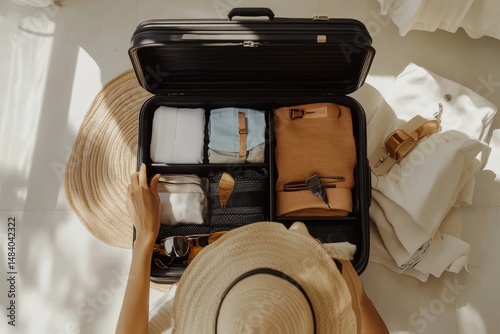 Overhead shot of a woman packing a black suitcase with clothes and accessories for a trip or vacation
