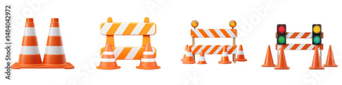 Traffic cones and construction barriers in various designs.